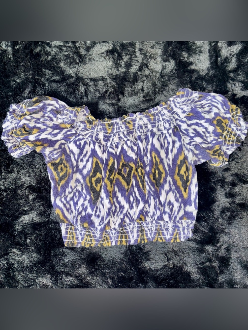 Blue Ikat Off-Shoulder Smocked Crop Top